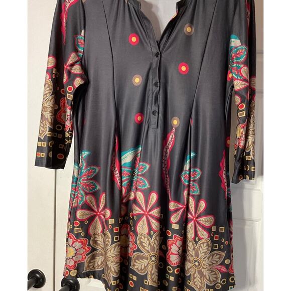 R&B Multi Color 3/4 Sleeve Boho Floral Resort Artsy Pockets Tunic Dress XL - Picture 2 of 8